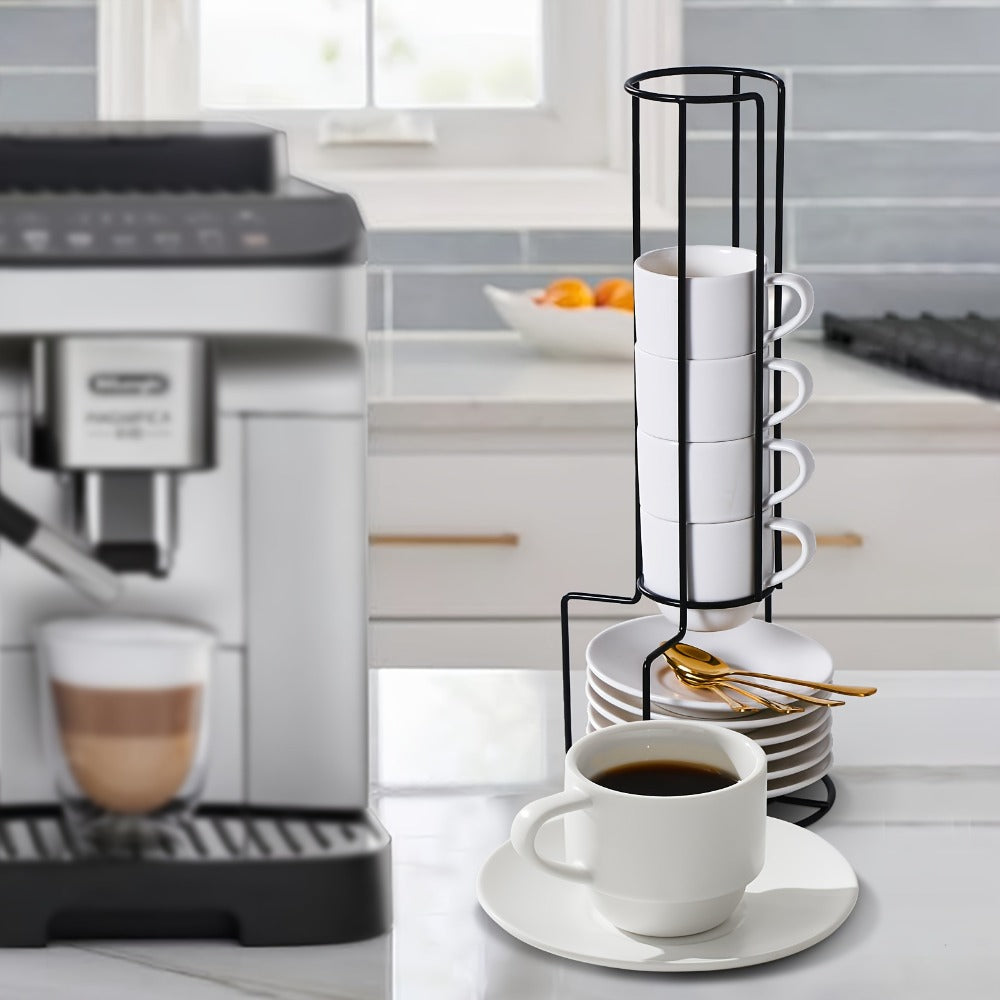 Espresso Cups Set of 6 with Saucers, Spoons & Metal Stand, 4oz Stackable Ceramic Cappuccino Mugs for Double Espresso
