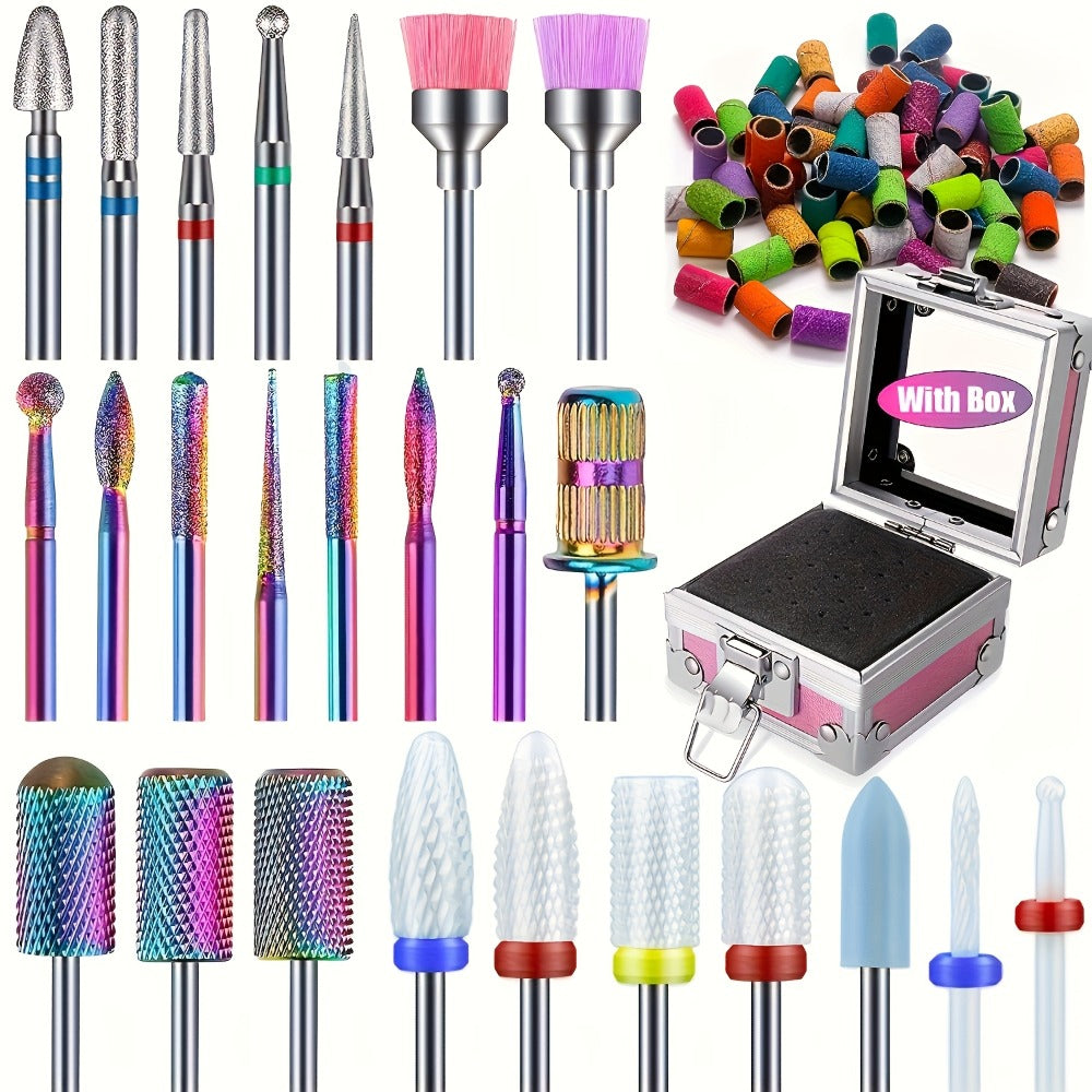 Nail Drill Bit Set Tungsten Steel & Ceramic Grinding Heads with Storage Box for Gel Removal Nail Enhancement