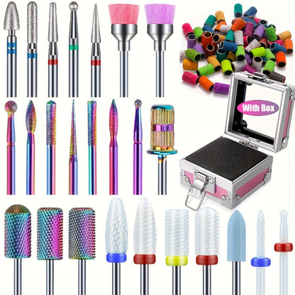 Nail Drill Bit Set Tungsten Steel & Ceramic Grinding Heads with Storage Box for Gel Removal Nail Enhancement