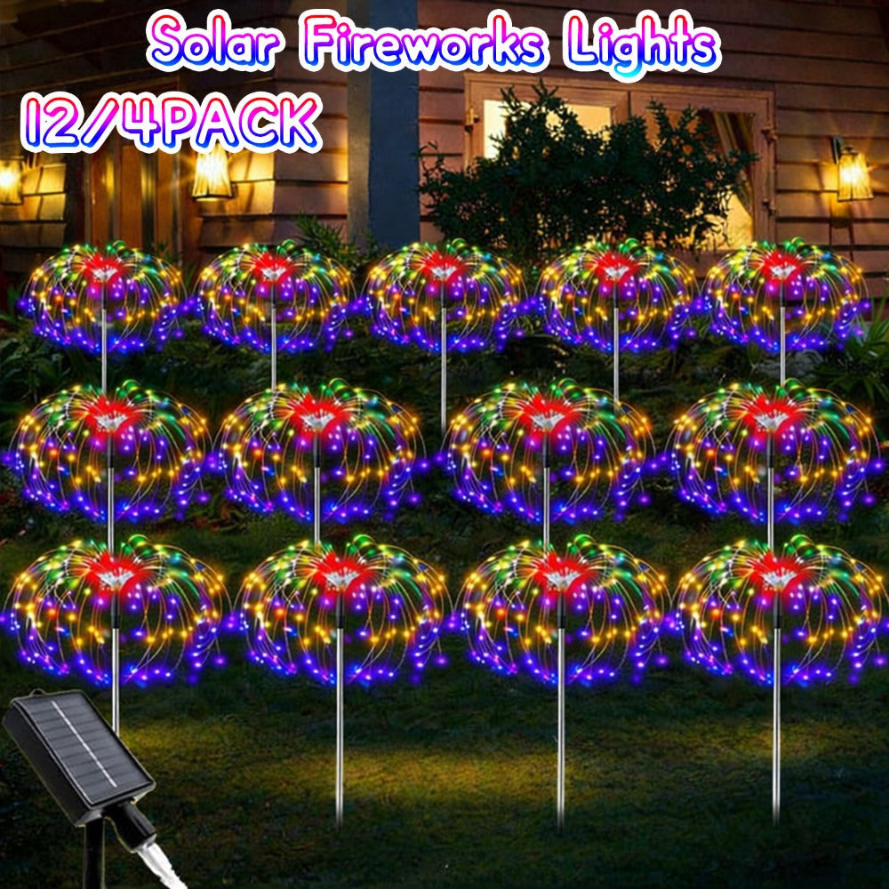 Solar Garden Light Firework Stakes with 8 Modes, 4 or 12-Pack Choices and White or Multicolor LEDs