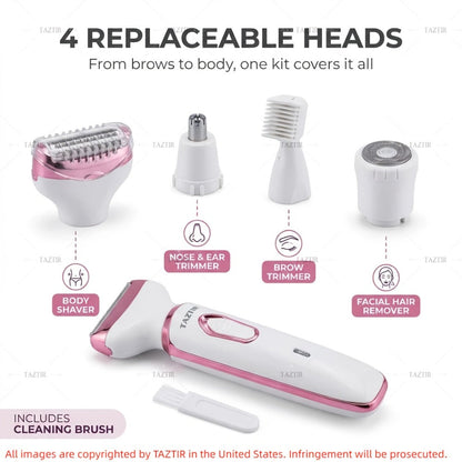 4-in-1 Electric Shaver for Women Rechargeable Wet & Dry Painless – Face Nose Legs Underarm Bikini Trimmer Portable Cordless Grooming Kit