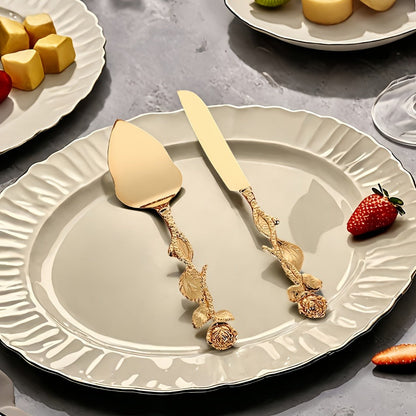 Cake Knife and Spatula Set with Rose Handle, Silver-Plated Dessert Server Gift Box Set for Wedding
