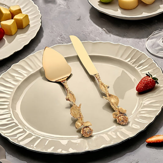 Cake Knife and Spatula Set with Rose Handle, Silver-Plated Dessert Server Gift Box Set for Wedding