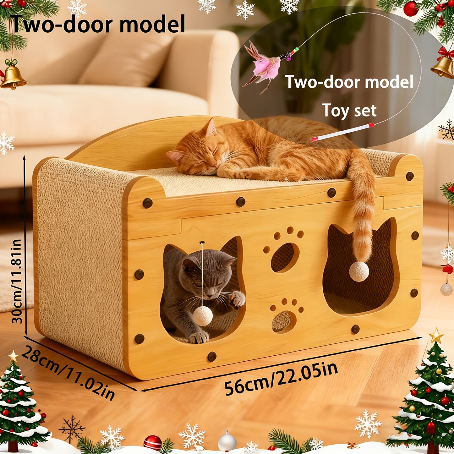 Large Cat House with Scratcher Pad & Plush Ball Toys, Ventilated Multi-Functional Indoor Outdoor Cat Shelter