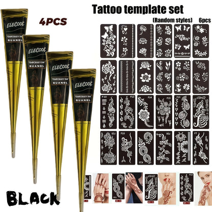 Temporary Semi-Permanent Tattoo Paste Kit - Body Art Gel in Brown & Black with Tattoo Templates