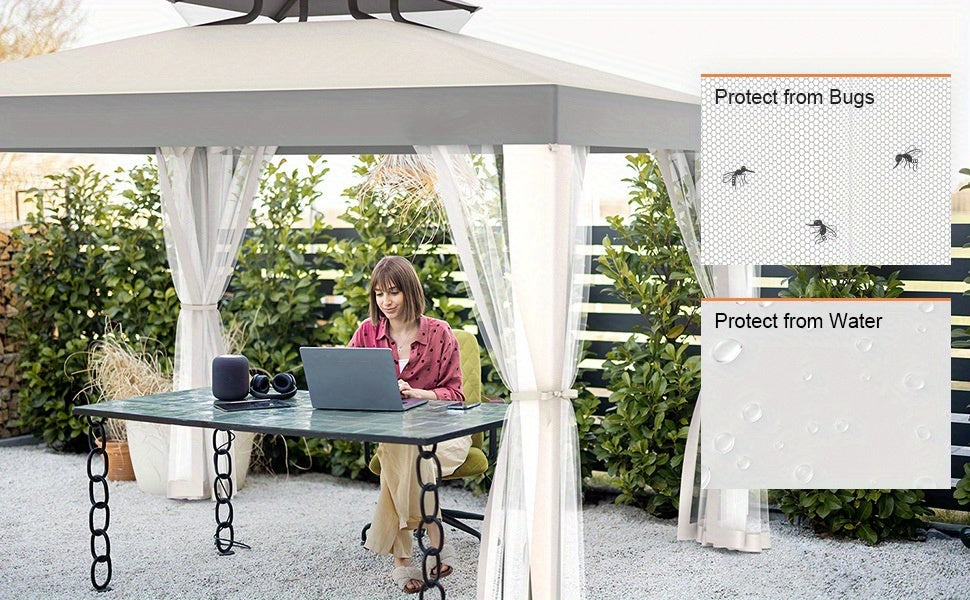 Gazebo with Mosquito Netting Steel Frame, Backyard Garden BBQ Party for Grilling, Camping and Outdoor Meals