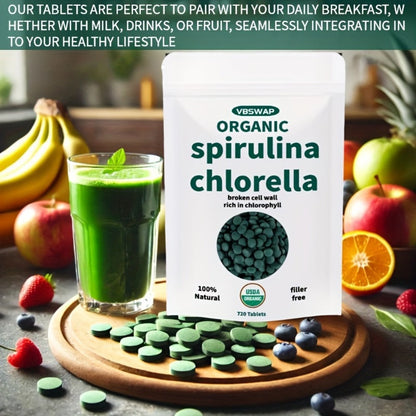 Organic Chlorella & Spirulina Tablets 720 Count, 4 Month Supply, 50/50 Superfood Blend, Cracked Cell Wall