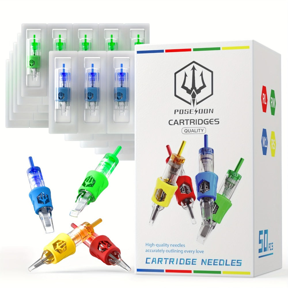 Tattoo Cartridge Needles with POSEIDON V4 Label, 50-Piece Mixed RL RS RM and Magnum Assortment
