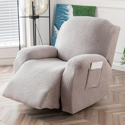 Recliner Chair Cover Slipcover 4-Piece Set – Leaf Jacquard Stretch Furniture Protector with Storage Pocket