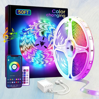 RGB LED Light Strip 50ft 100ft 130ft 16 Million Colors Music Sync, App & 24-Key Remote Control, Color Changing LED Strips for Bedroom