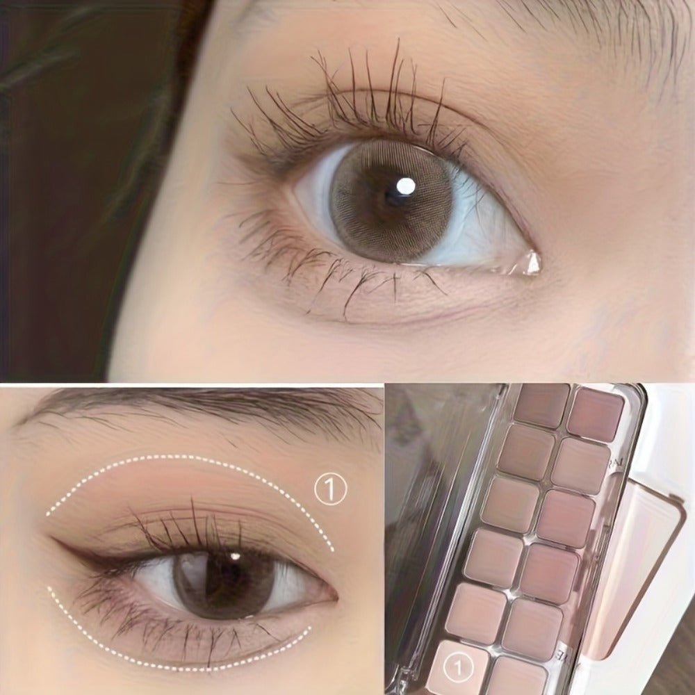 Eyeshadow Palette 12-Shade Neutral Pink and Brown Compact with Clear Lid and Brush Accessory