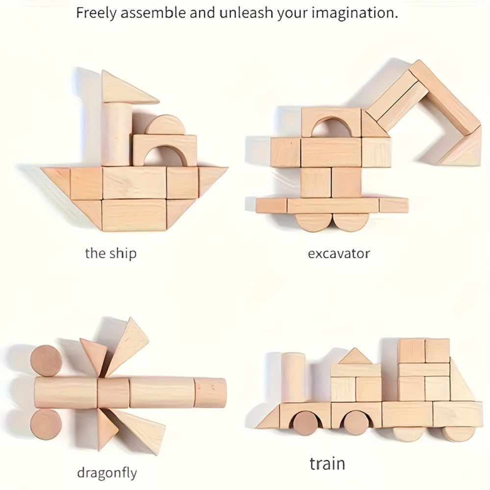 Natural Beech Wood Blocks 100 Piece Unpainted Solid Wooden Building Set, STEM Logical Thinking Toy for Kids Ages 3-12
