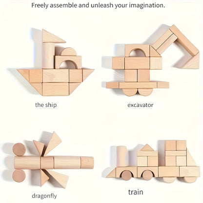 Natural Beech Wood Blocks 100 Piece Unpainted Solid Wooden Building Set, STEM Logical Thinking Toy for Kids Ages 3-12