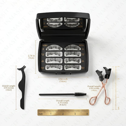 Eight-Piece Black Magnetic False Eyelash Kit with Rectangular Case, Applicator, Tweezers and Brush