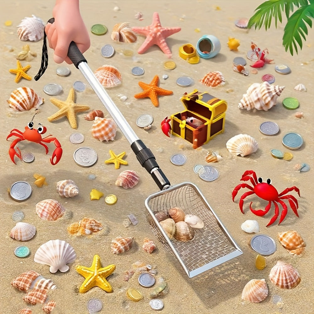 Beach Sand Sifter Scoop Telescopic Handle – Stainless Steel Retractable 3-Section Scoop for Treasure Hunting Shell Collecting Beach Combing