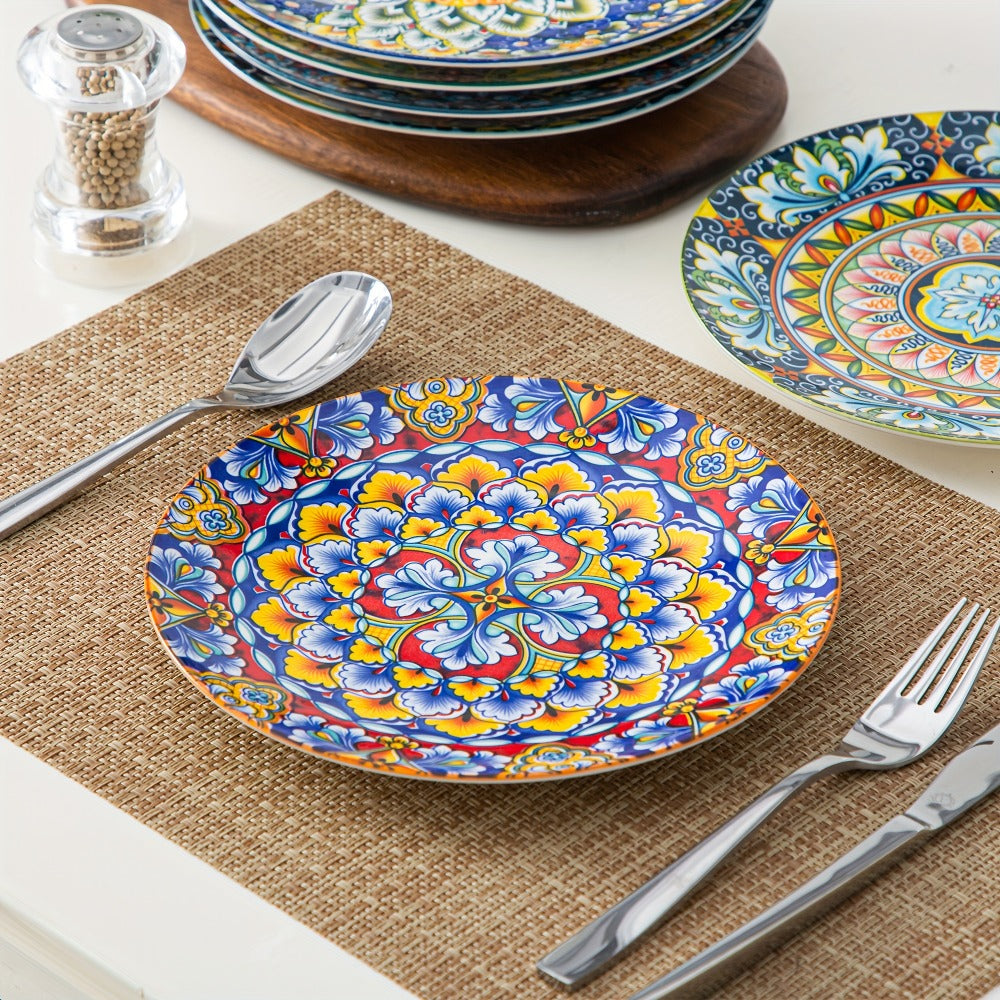 Bohemian Ceramic Dessert Plate Set of 6 – 8.5 Inch Colorful Abstract Pattern Dinnerware, Glazed Porcelain Plates