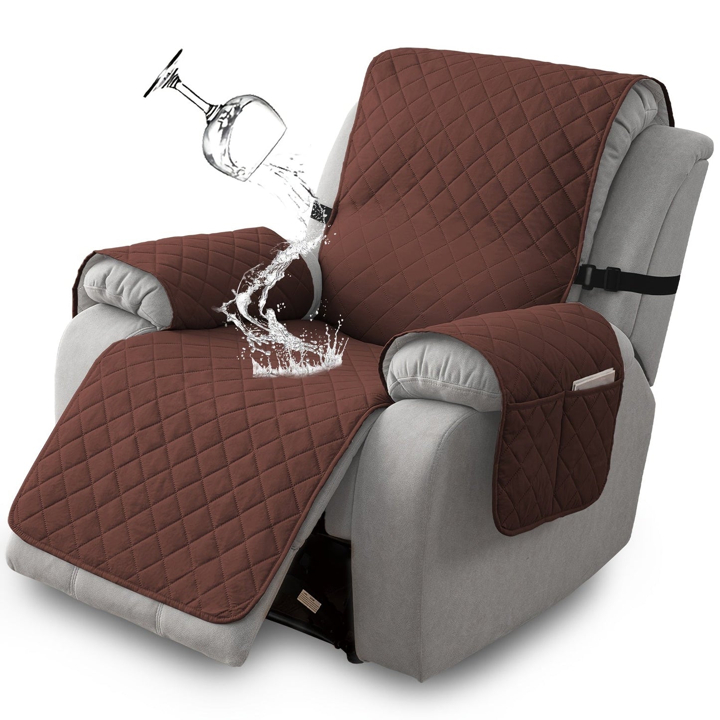 Diamond-Quilted One-Piece Recliner Chair Cover with Side Pocket, Buckle Strap and Eight Colors