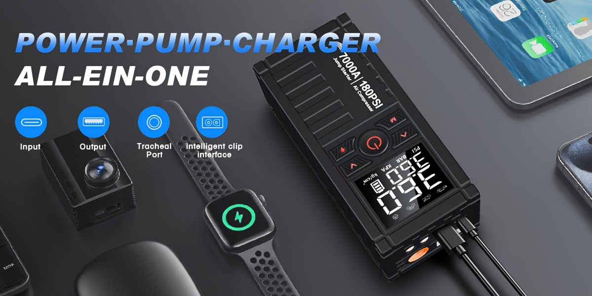 7000A Jump Starter 8-in-1 29800mAh with Air Compressor Tire Inflator SOS LED Flashlight Power Bank for Garden, Patio and Yard Use