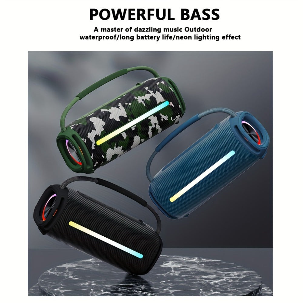 Portable Cylindrical Speaker in Black, Blue or Green with Carry Handle, Dual Light Bars and End-Ring Lighting