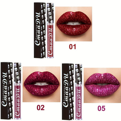 Glitter Lip Gloss Set 3pcs Skull Design Shimmer Liquid Lipstick Long Lasting Easy Remove Bold Shiny Lip Color for Music Festival Rave Party