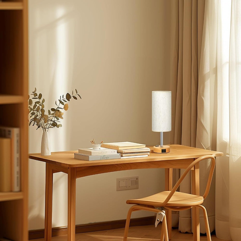 Table Lamp HOODINK with Cylindrical Shade, 3-Way Touch Dimming, USB-A, USB-C, AC Outlet and One or Two-Pack Options