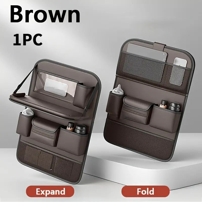 Faux Leather Car Seat Back Organizer with Foldable Tray and Tablet Stand in Black, Gray or Brown, One- or Two-Piece Packs