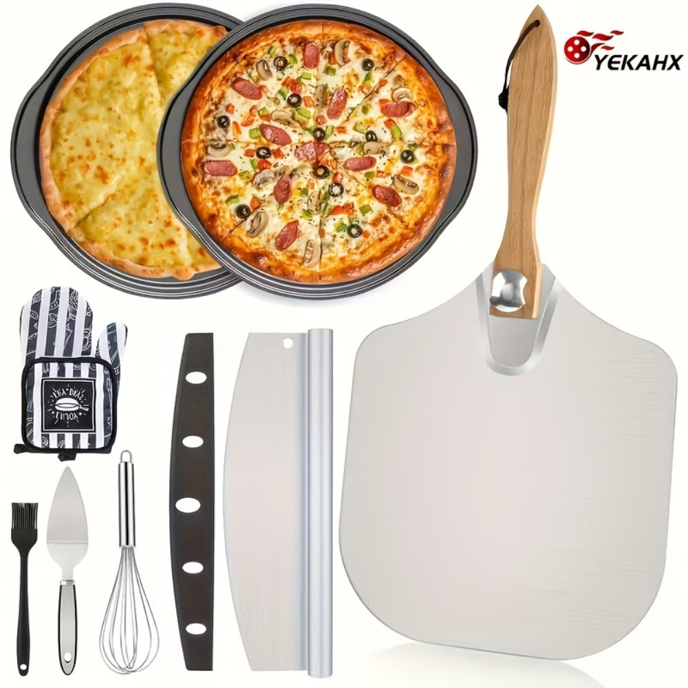 Pizza Making Set with Pizza Peel, Nonstick Pizza Pan, Perforated Pan, Pizza Cutter, Oven Mitts, Pie Server & Basting Brush