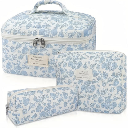 Quilted Makeup Bag Set 3 Pcs Floral Pattern Large Capacity Travel Cosmetic Organizer with Gold Zipper – Polyester Skincare Toiletry Pouch