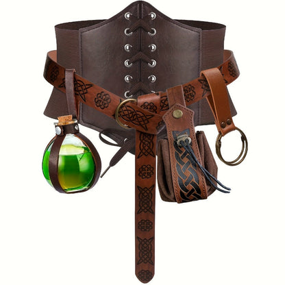 Medieval Costume Accessories Set 5-Piece, Corset Belt, Renaissance Belt Bag, Cork Potion Bottle & More for Halloween