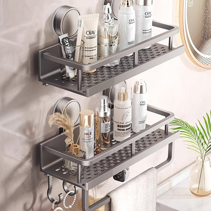Shower Caddy Shelf Wall Mounted Suction Cup Rustproof Floating Bathroom Organizer Rack with Towel Hook for Shampoo Soap Accessories Space