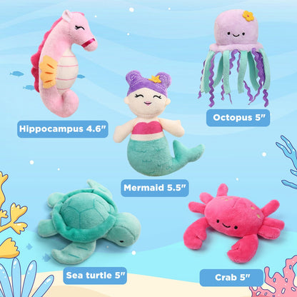 Ocean Stuffed Animals Set 5 Pack Sea Turtle Octopus Mermaid Seahorse Crab with the Listed Color, Size or Set Options for Everyday Use