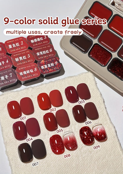 Gel Nail Polish Nine-Piece Ancola Red Solid Gel Set for Gradient and Ombre Nail Art in One Grid Case
