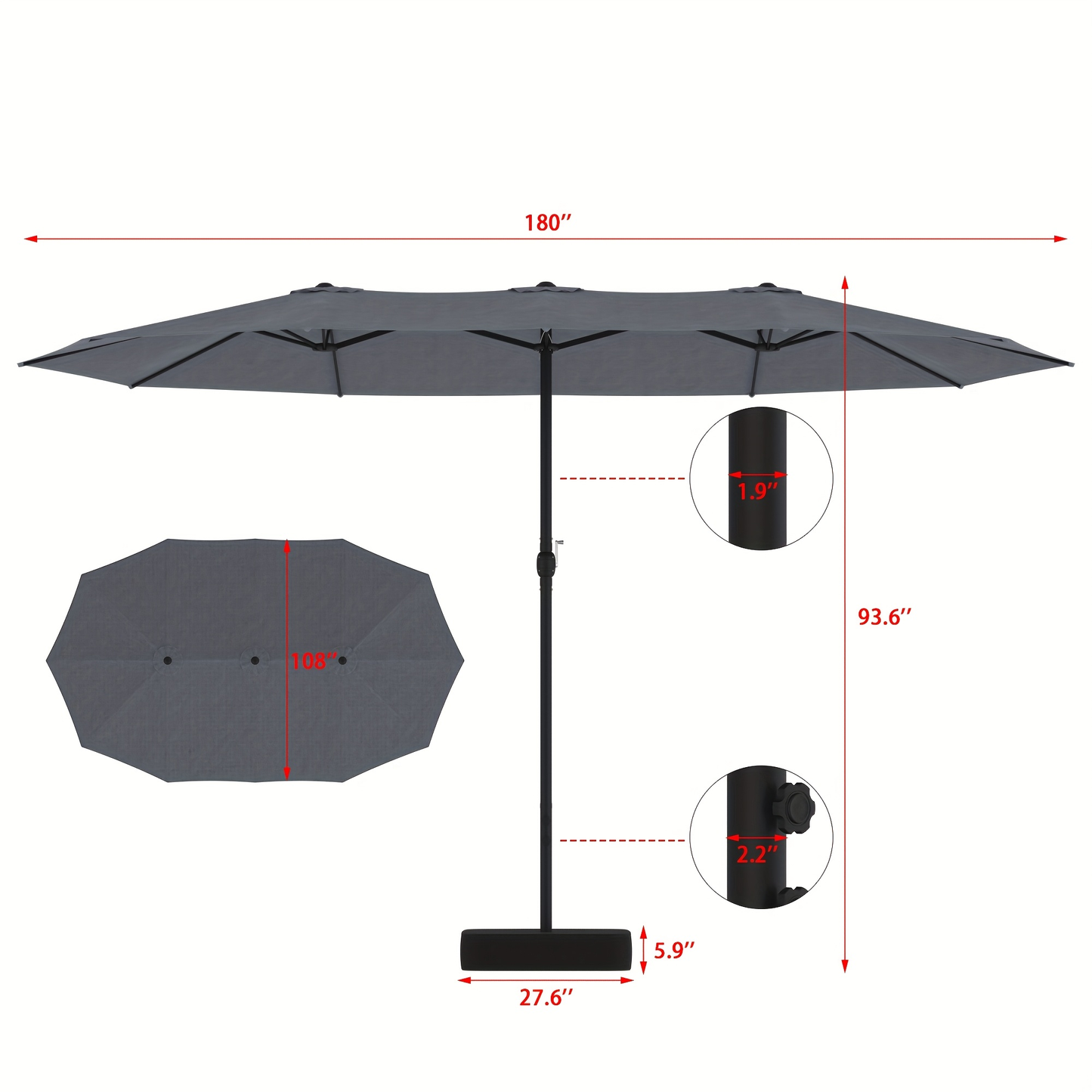 Patio Umbrella 15x9FT Double-Sided Rectangle with Optional 36 LEDs, 12-Rib Frame and Eight Color-Light Options