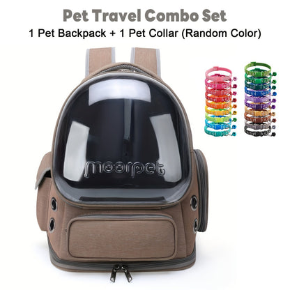 Dome-Window Pet Carrier Backpack and Collar Set with Mesh Panels in Five Source-Labeled Color Options