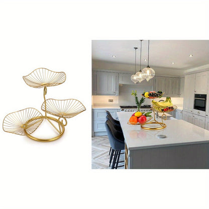 Fruit Basket Stand 3-Tier Decorative Iron Metal Wire Fruit Bowl with Lotus Leaf Design, Countertop Holder for Fruits Vegetables Bread