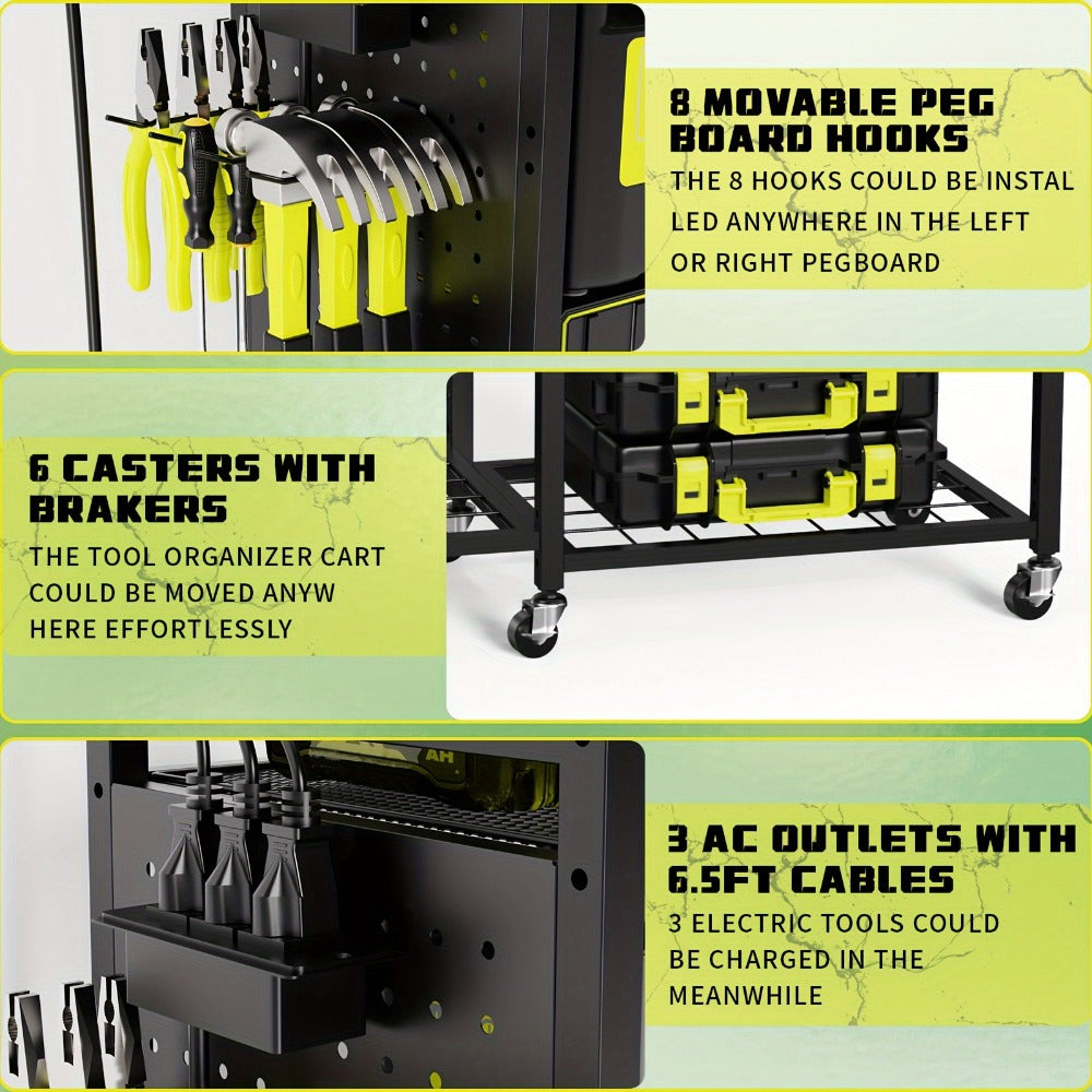 Mobile Tool Cart with Charging Station, 12 Drill Holders & 5 Storage Shelves Power Tool Organizer