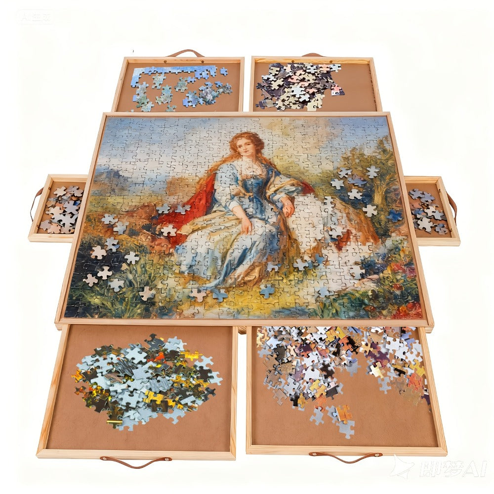Rotating Puzzle Table with 6 Drawers & Cover for 1500 Pieces – 35"x27" Deluxe Wooden Jigsaw Board with Sorting Storage
