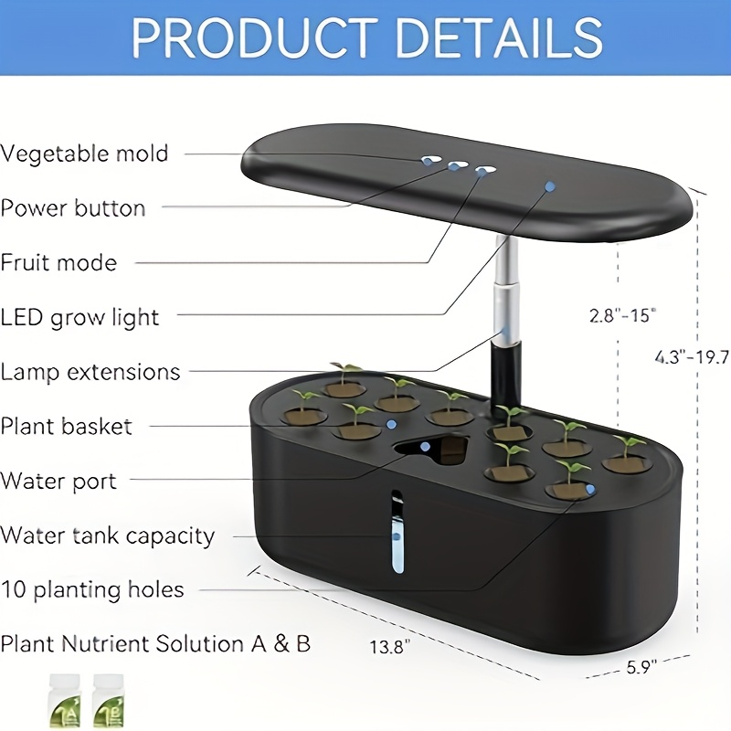 Hydroponic Garden Kit 10 Pods Indoor Herb Garden | 24W LED Grow Light Auto Timer 1-Gal Tank Quiet Pump Nutrients | Vegetables Flowers