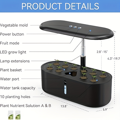 Hydroponic Garden Kit 10 Pods Indoor Herb Garden | 24W LED Grow Light Auto Timer 1-Gal Tank Quiet Pump Nutrients | Vegetables Flowers