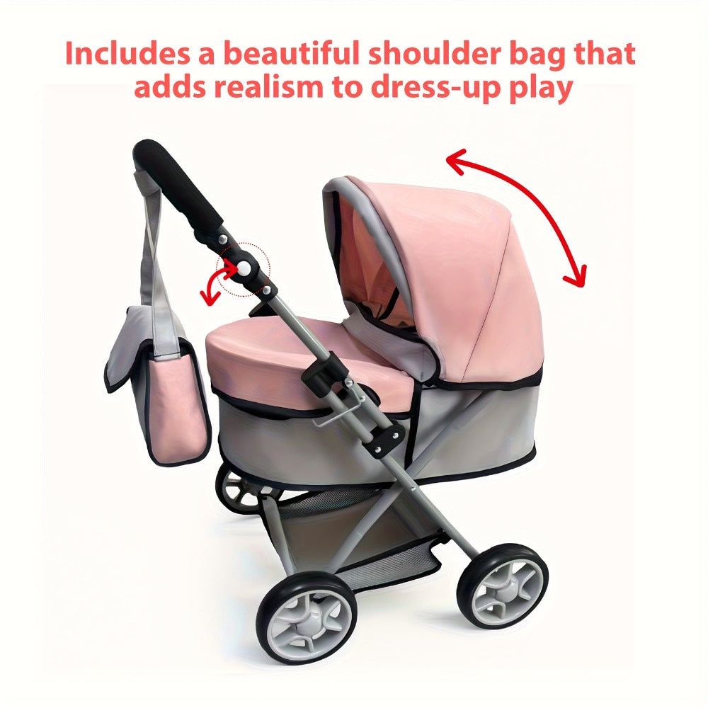 Foldable Doll Stroller with Adjustable Handle 39-68cm, Grey & Pink Baby Doll Pram for 16-20 Inch Dolls