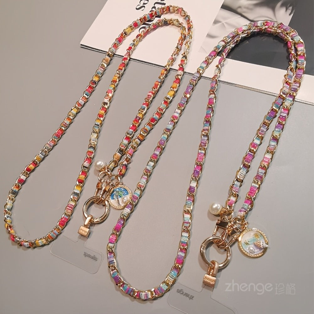 Metal Chain Phone Crossbody Strap Painted Fabric Long Lanyard Fashionable Disc Button Shoulder Phone Strap