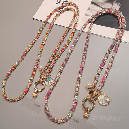 Metal Chain Phone Crossbody Strap Painted Fabric Long Lanyard Fashionable Disc Button Shoulder Phone Strap