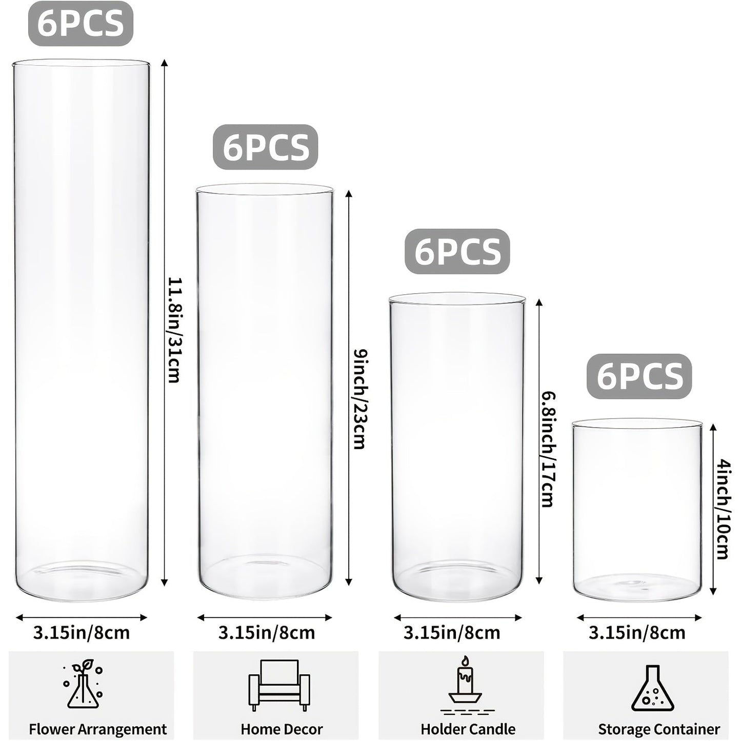 Glass Cylinder Vases Set 12 or 24pcs Clear Tall Flower Vase Candle Holder 4 Sizes for Wedding for Entryways, Bedrooms and Living Spaces