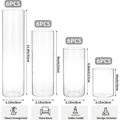 Glass Cylinder Vases Set 12 or 24pcs Clear Tall Flower Vase Candle Holder 4 Sizes for Wedding for Entryways, Bedrooms and Living Spaces