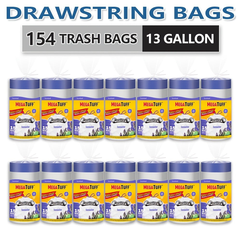 Drawstring Trash Bags with Odor Eliminator Technology – Lemon Mint Scent, Puncture & Tear Resistant, 30 Gal (90 Bags) or 13 Gal (154 Bags)