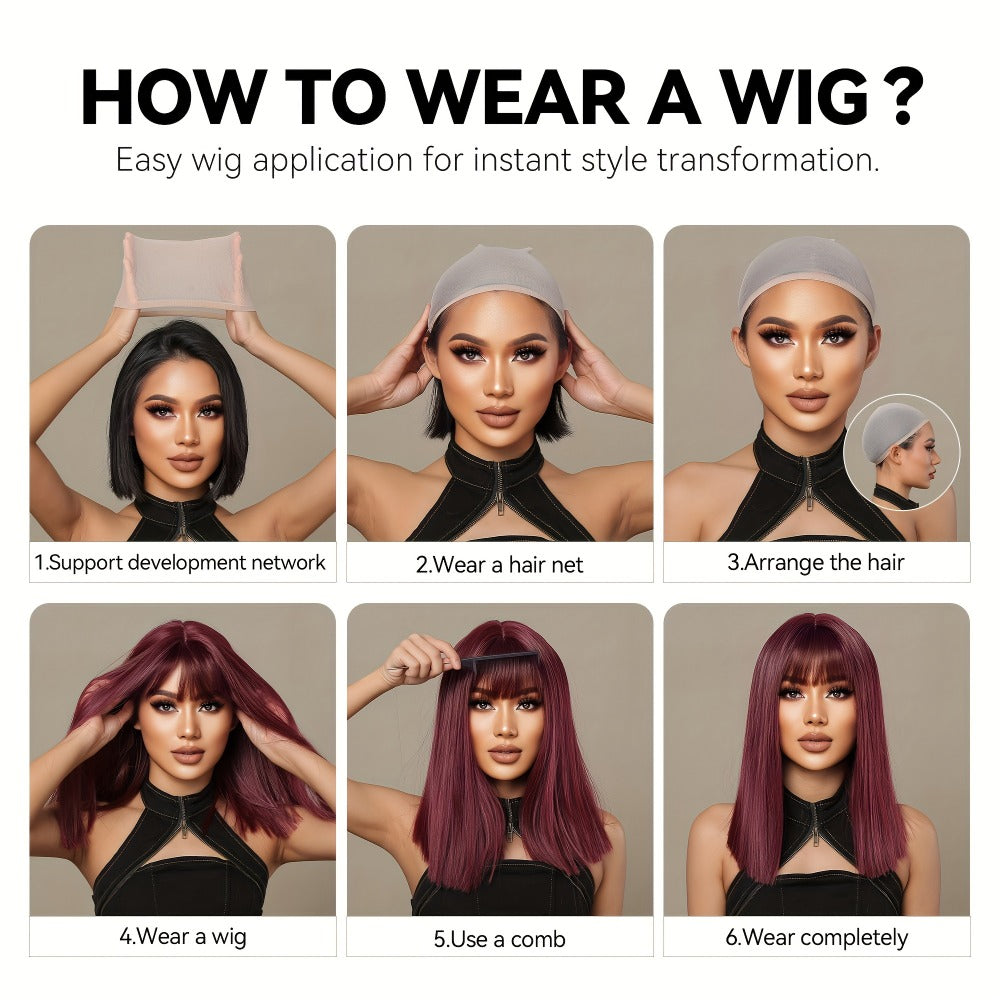 Synthetic Wig 14-Inch Layered Brown Highlight Ombre with Bangs and Rose Net Cap with Item-Specific Color, Length, Texture and Cap Choices