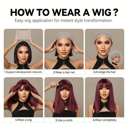 Synthetic Wig 14-Inch Layered Brown Highlight Ombre with Bangs and Rose Net Cap with Item-Specific Color, Length, Texture and Cap Choices