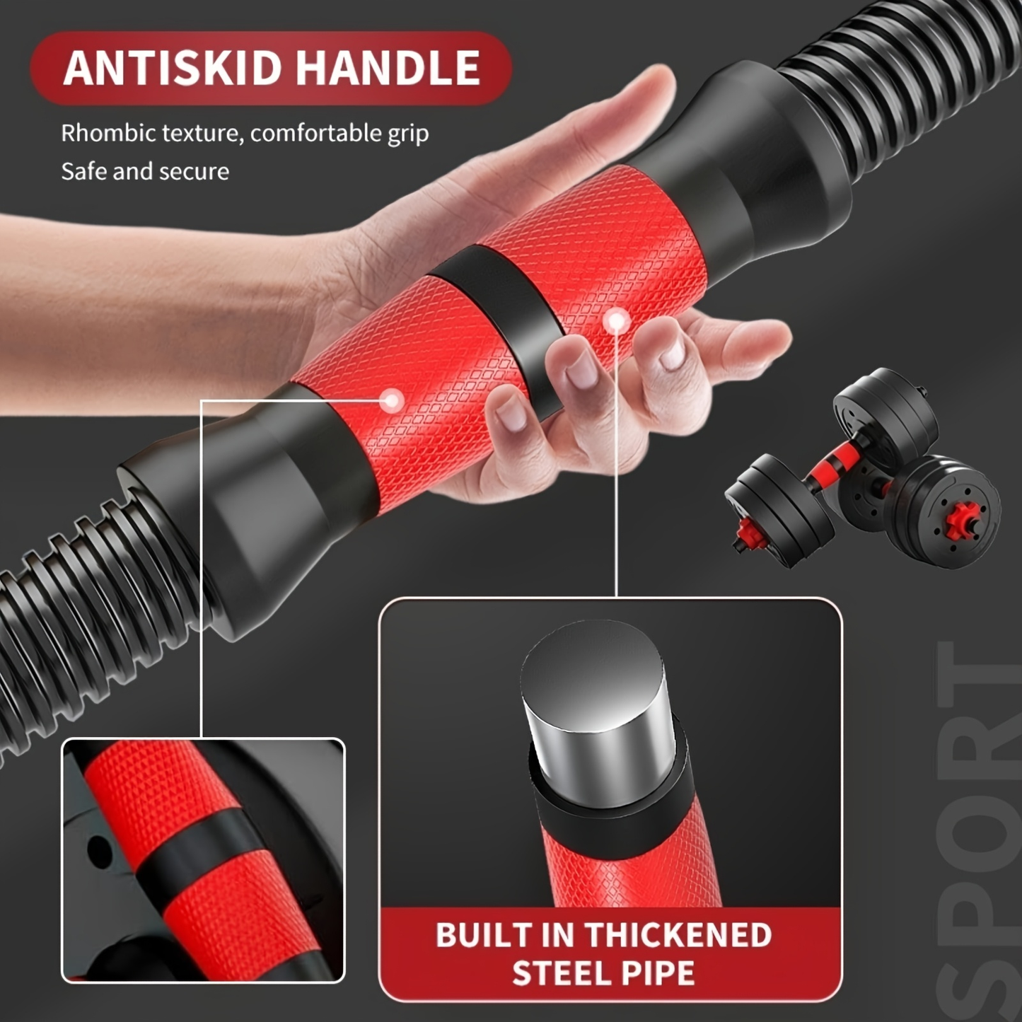 44-Pound Adjustable Dumbbell and Barbell Set with Black Round Plates, Connecting Rod and Double Lock Nuts