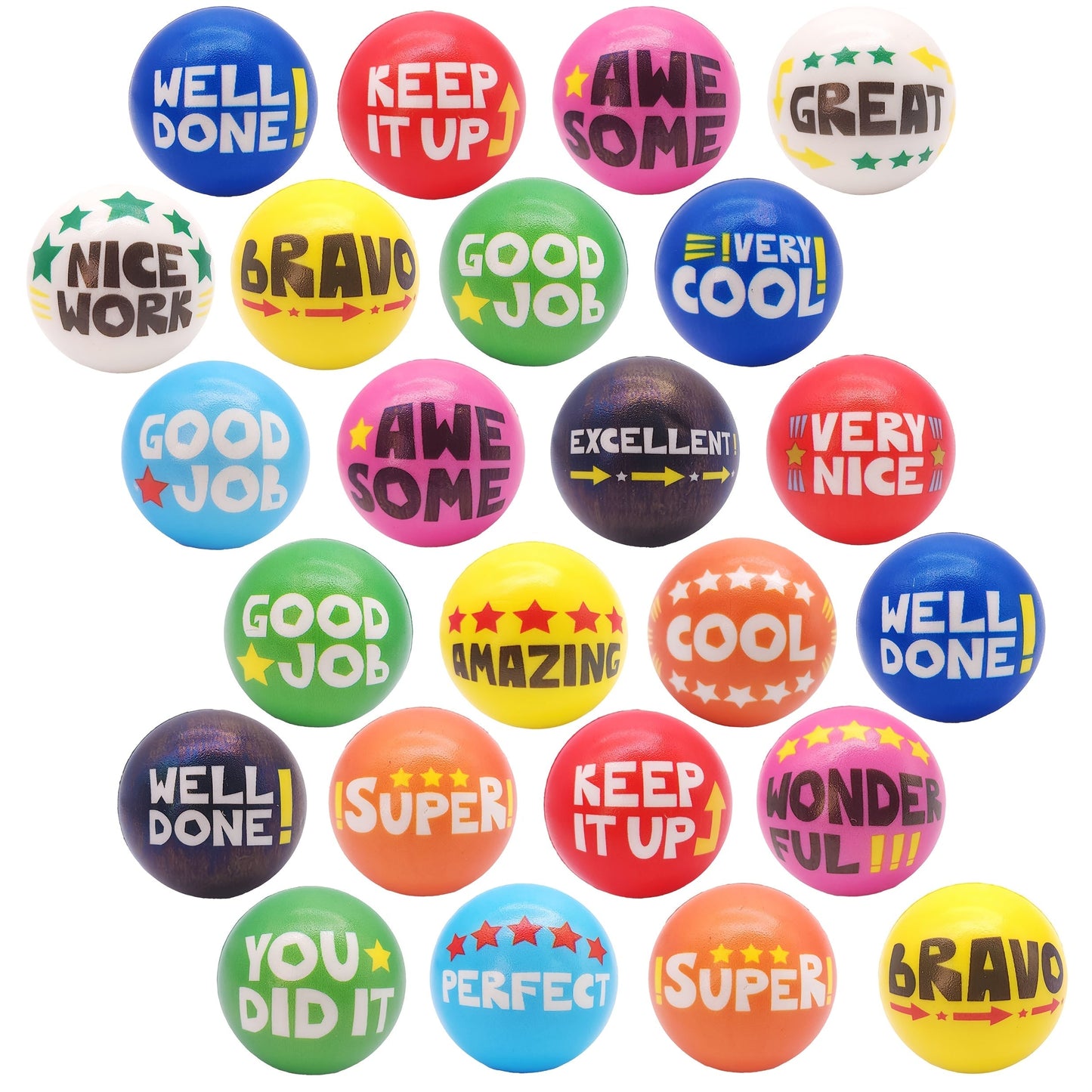 Motivational Squeeze Stress Balls 24 Pack Multicolor, 2.48" Squishy Balls with Positive Affirmation Slogans for Classroom Prizes
