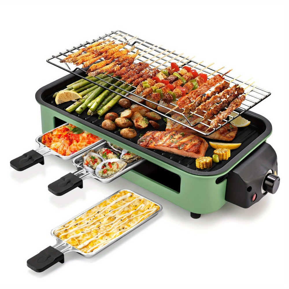 Indoor Electric Smokeless Grill 1500W, Raclette Table Grill with 3 Mini Pans, 16x9" Non-Stick Detachable Plate